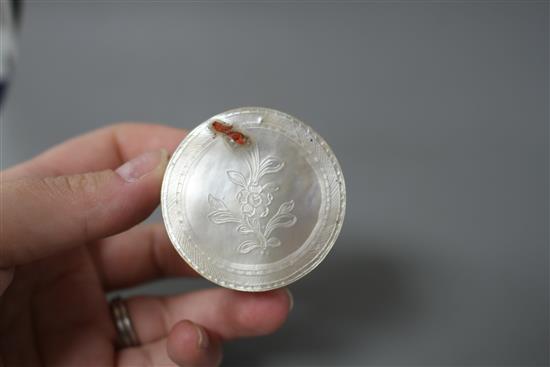 A Chinese engraved mother of pearl and tortoiseshell small box, diameter 4.5cm